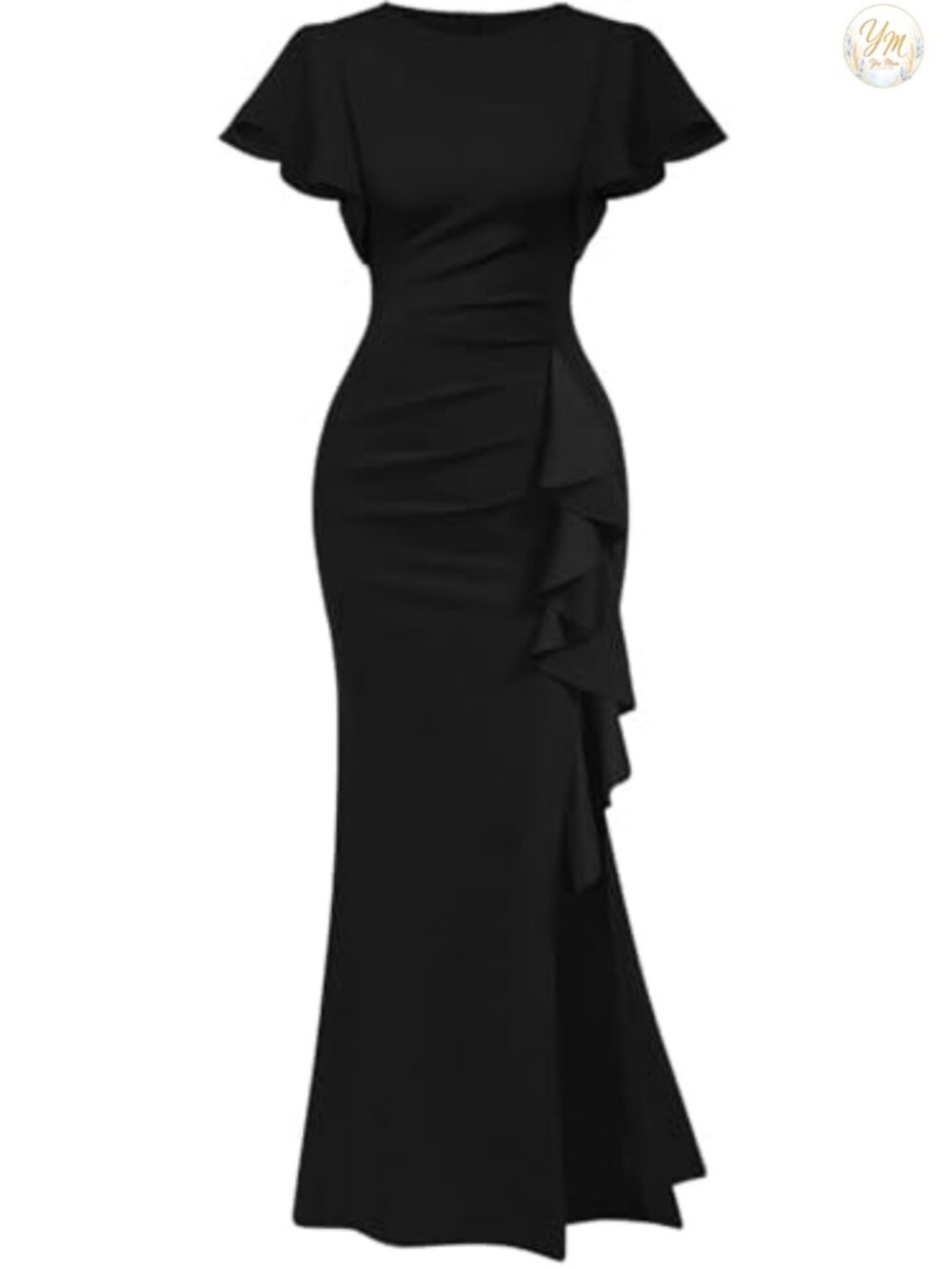 Elegant High Split Ruched Bodycon Mermaid Maxi Dress Ruffle Sleeve